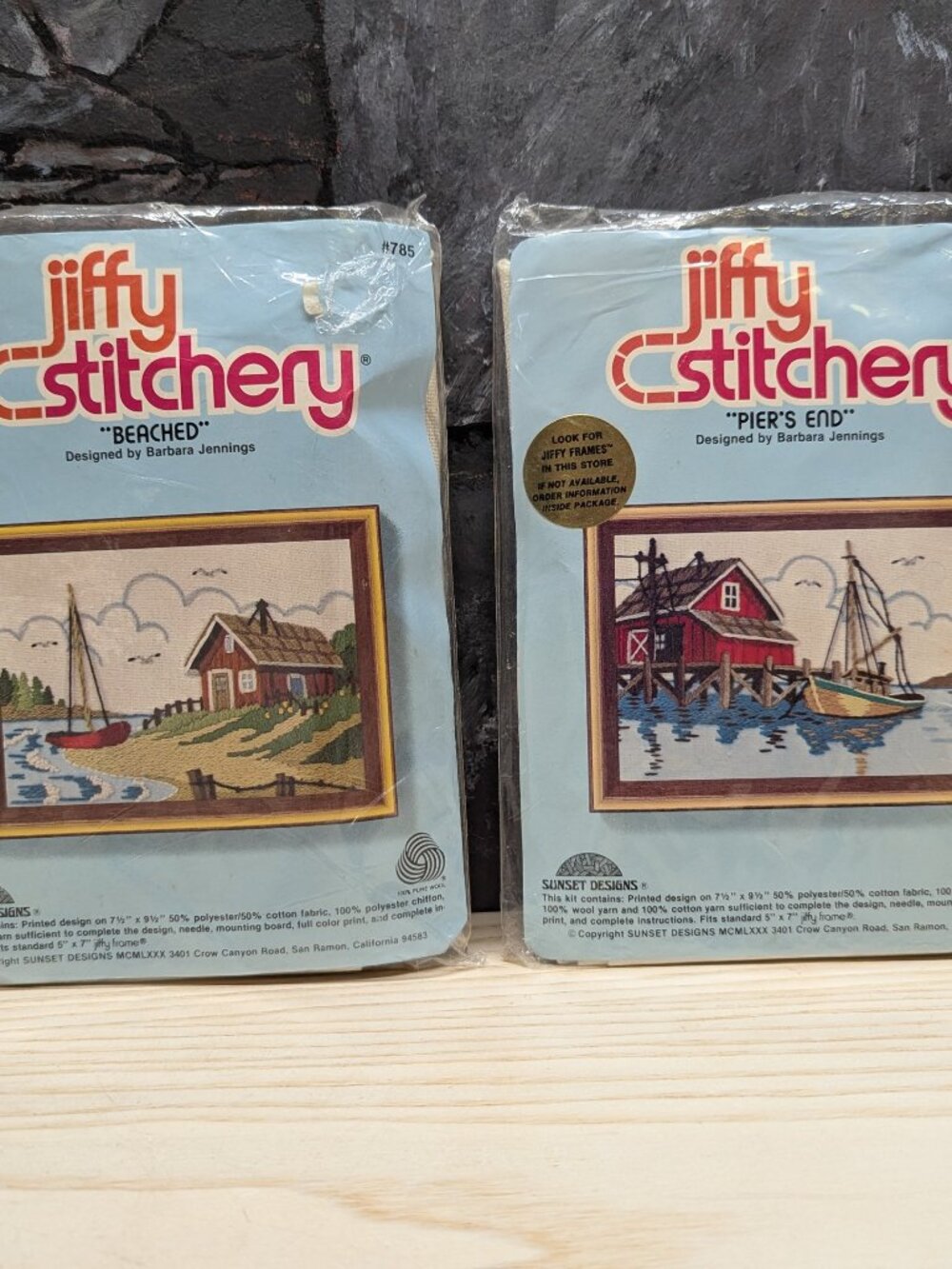 Jiffy  Stitchery 2 Beached Piers End Crewel Embroidery Kits VTG Needlepoint 80s